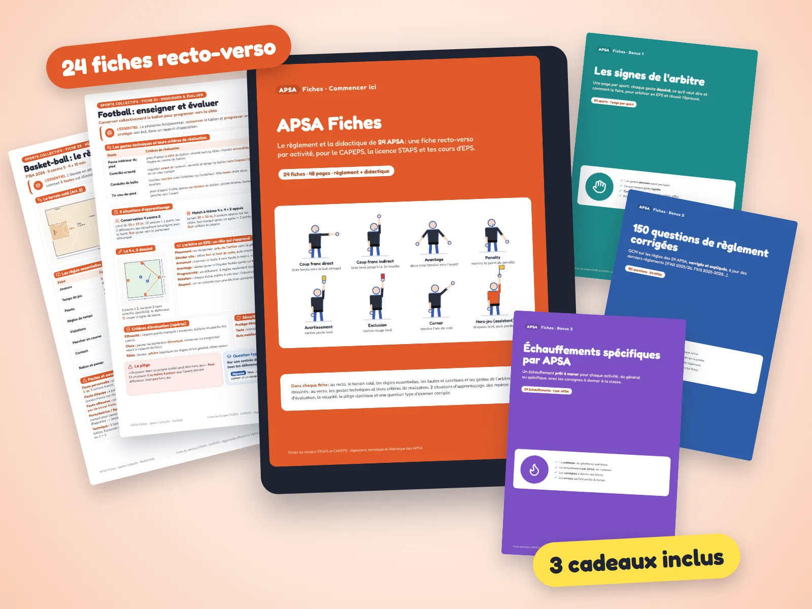 APSA Fiches : la couverture sur une tablette, des fiches autour et les 3 bonus
